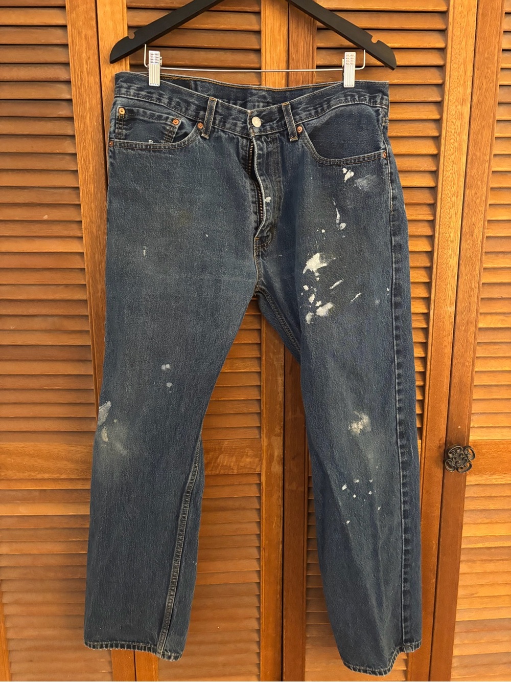 Levi's Men's 505 Blue Straight Jeans with Paint-Accent Distressing
